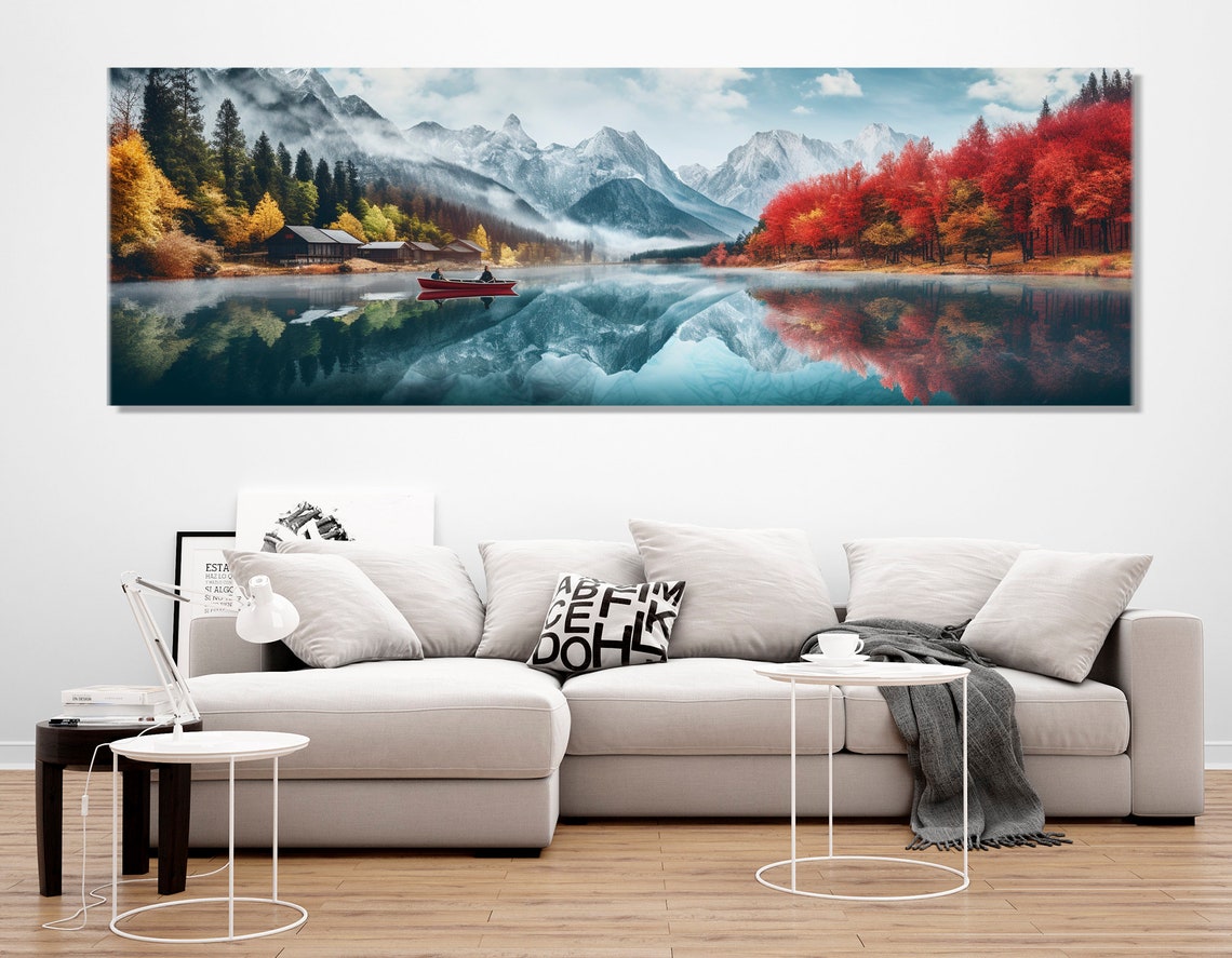 Mountain Lake Red Canoe Misty Peaks Autumn Colors Reflection Poster