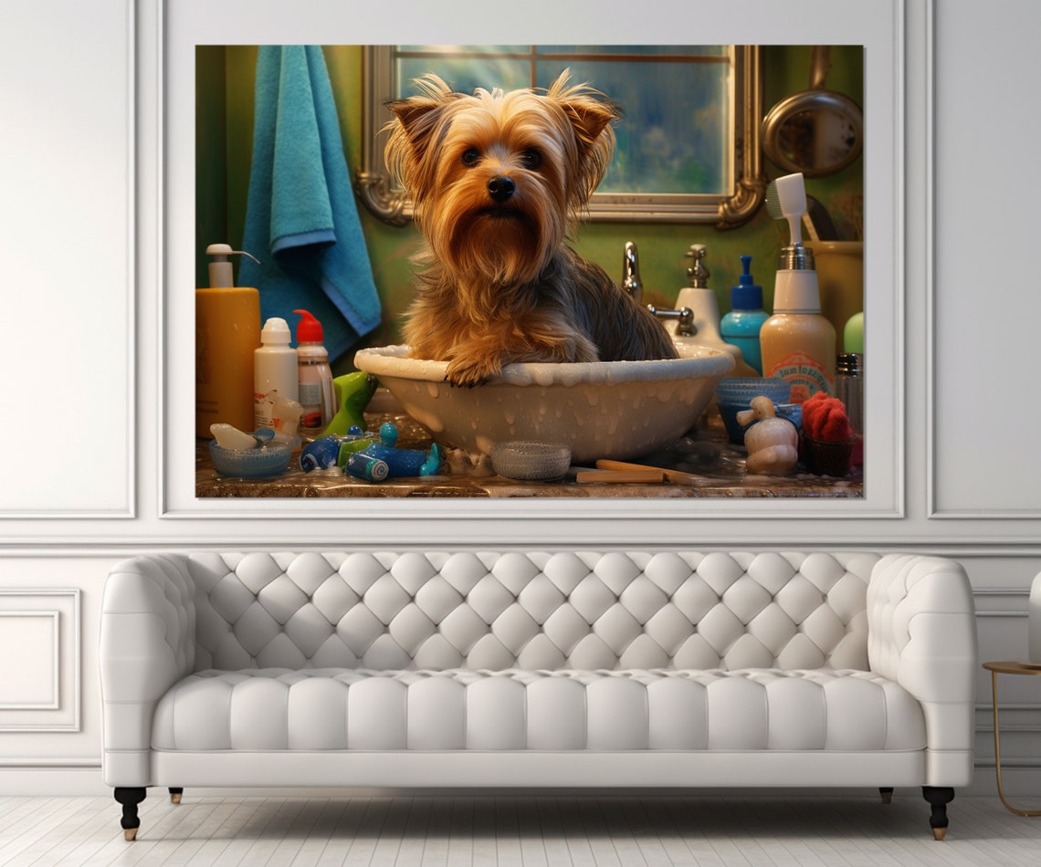 Yorkshire Terrier In Bathroom Sink Grooming Products Funny Poster