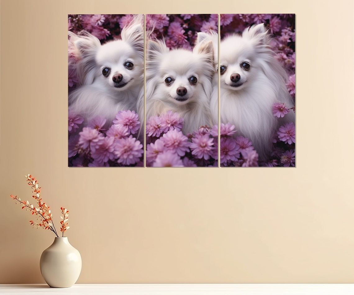 Three Cute White Fluffy Dogs In Pink Flowers Happy Puppy Poster - Image 2