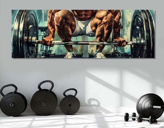 Weightlifting Painting Print Large Gym Wall Decor Abstract Fitness Panoramic Poster Weightlifter Gift Framed And Ready To Hang