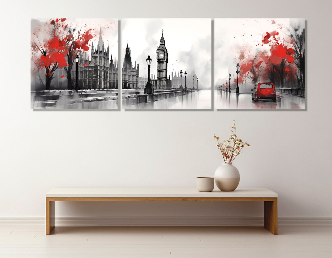 London Big Ben Houses of Parliament Red Accent Panoramic Travel Poster - Image 3