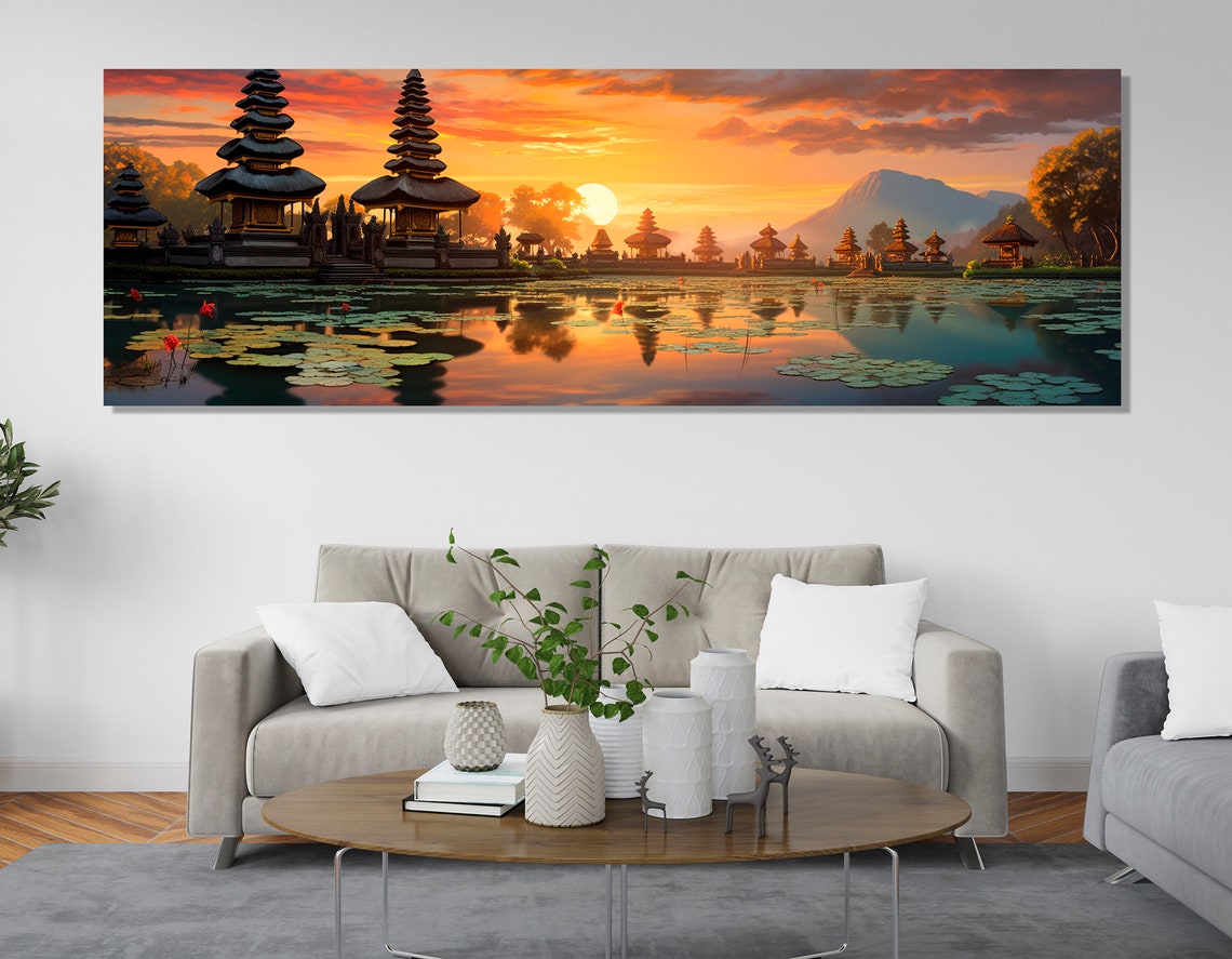 Bali Temple Sunset Over Lake Lotus Pads Golden Sky Painting Poster