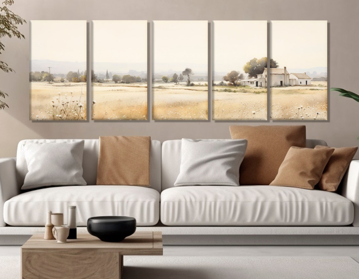 Rustic White Barn Golden Field Country Landscape Watercolor Poster - Image 2