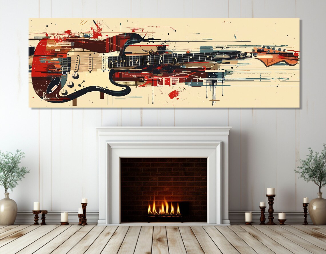 Red Electric Guitar Abstract Panoramic Pop Art Music Painting Wall Decor Print - Image 2