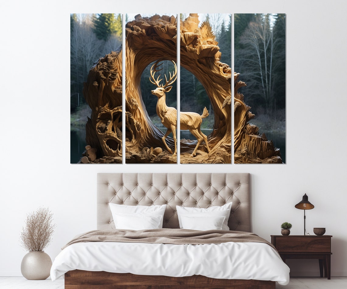 Carved Wooden Stag Deer Tree Trunk Arch Forest Sculpture Art Poster - Image 2