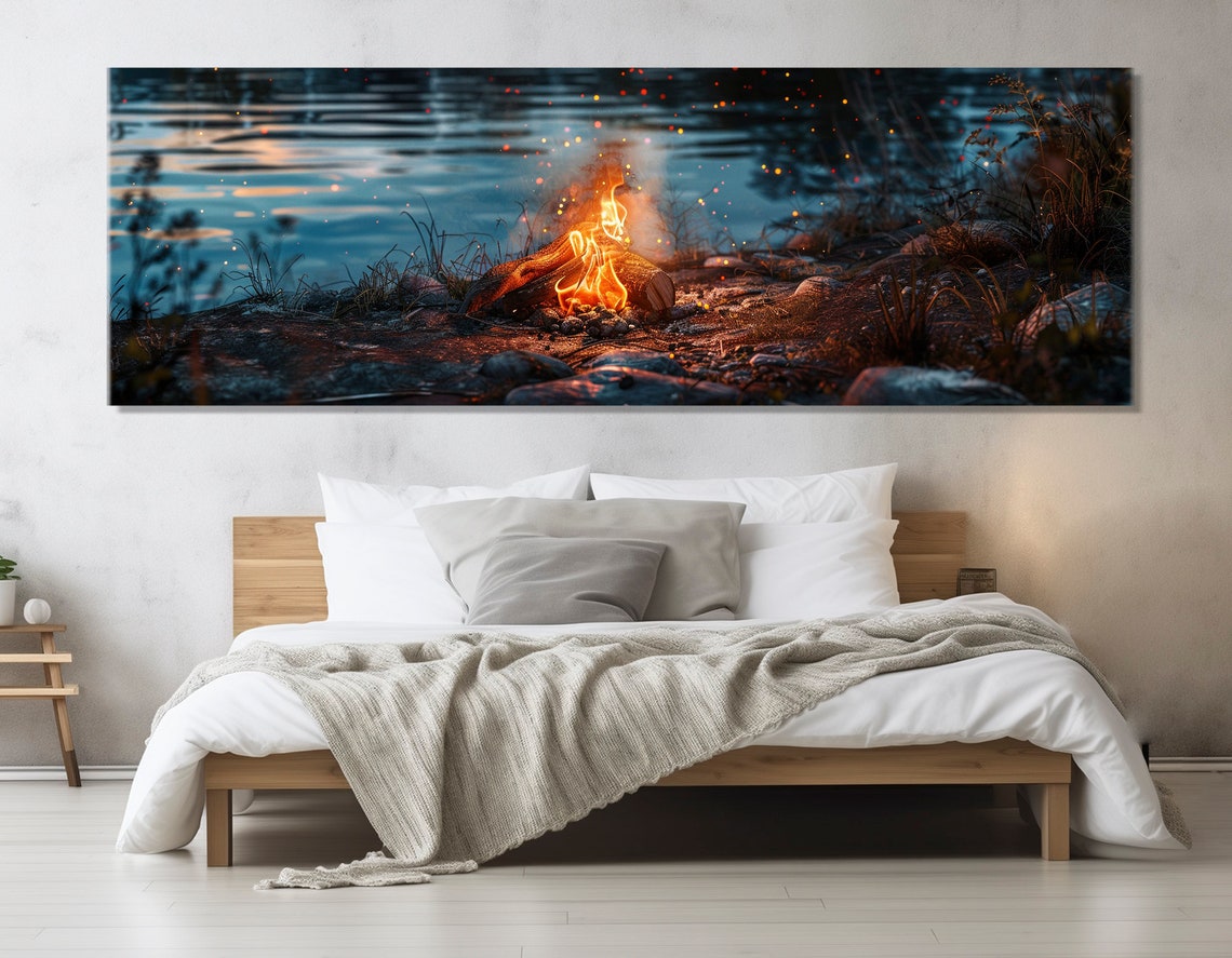 Campfire Bonfire Rocky Lakeshore Dusk Blue Water Sparks Night Poster