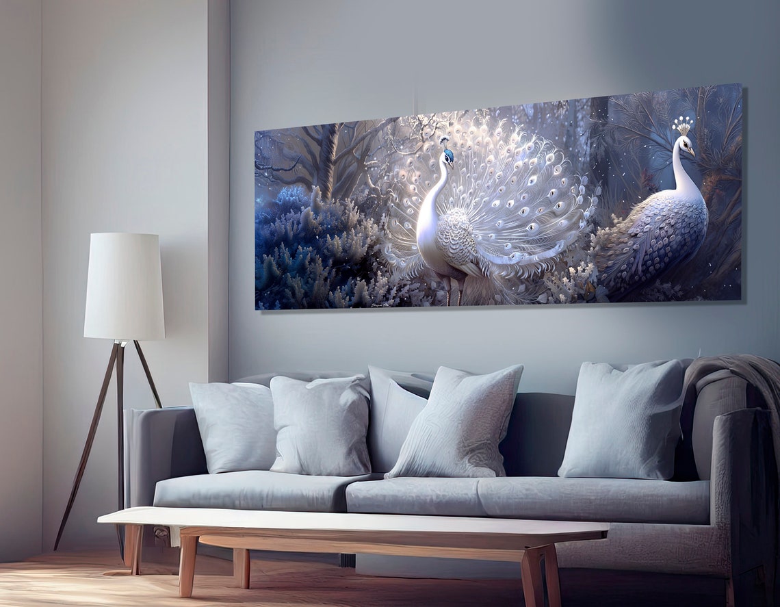 White Peacocks Fantasy Winter Forest Panoramic Wildlife Art Poster - Image 3