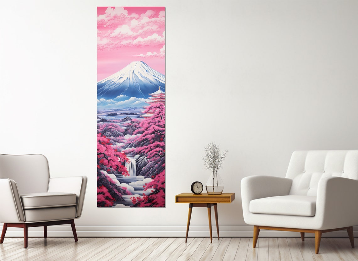 Mount Fuji Pink Cherry Blossom Pagoda Vertical Panoramic Travel Poster - Image 4