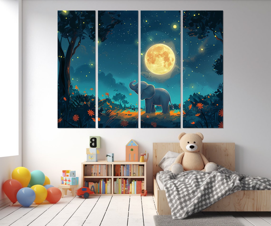 Baby Elephant Looking At Full Moon Forest Night Nursery Wall Art - Image 3