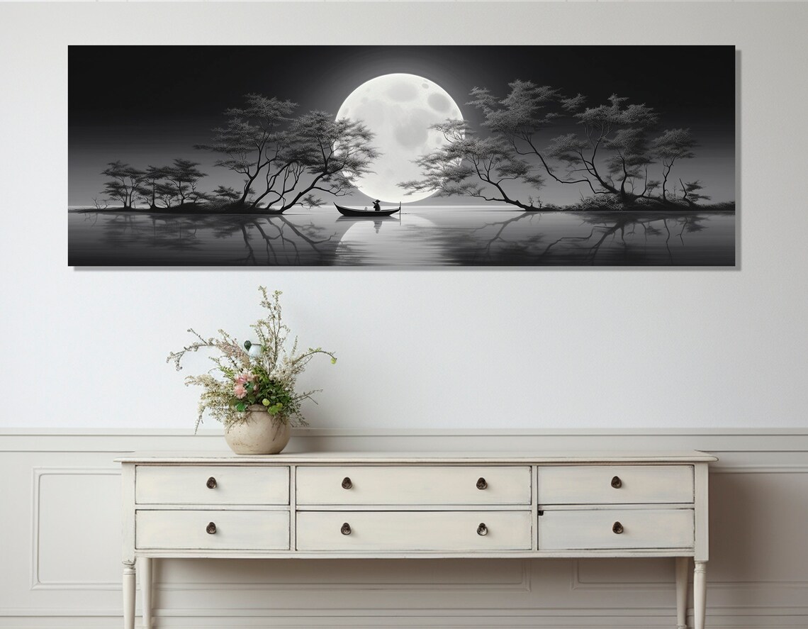 Boat Under Moonlight and Blossom Tree, Art Print
