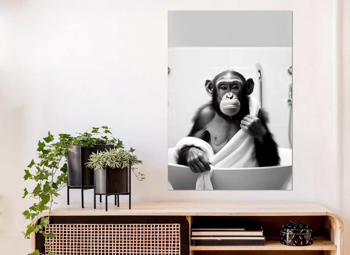 Chimpanzee In Bathtub Black And White Funny Bathroom Wall Art Poster - Image 4