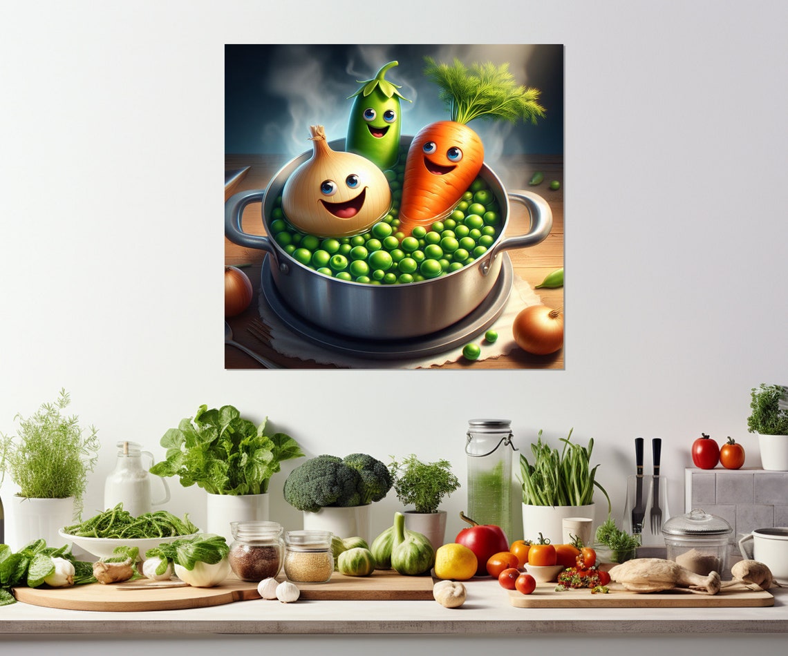 Funny Smiling Vegetables Pot Of Peas Cartoon Kitchen Wall Decor Print - Image 3