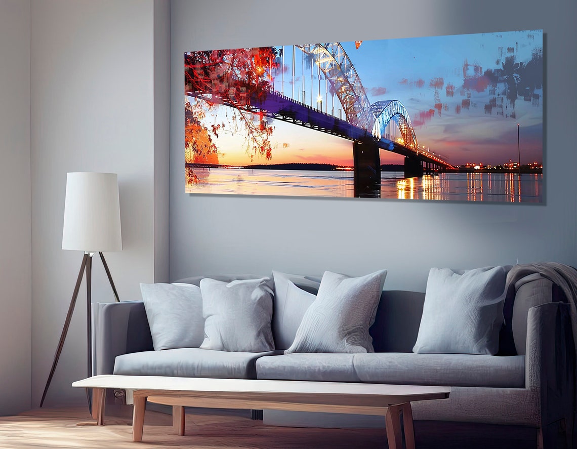 Steel Arch Bridge Sunset River City Lights Panoramic Nightfall Poster - Image 2