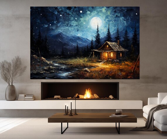 Moonlit Log Cabin Starry Night Sky Mountain Lake Rustic Wall Art Poster