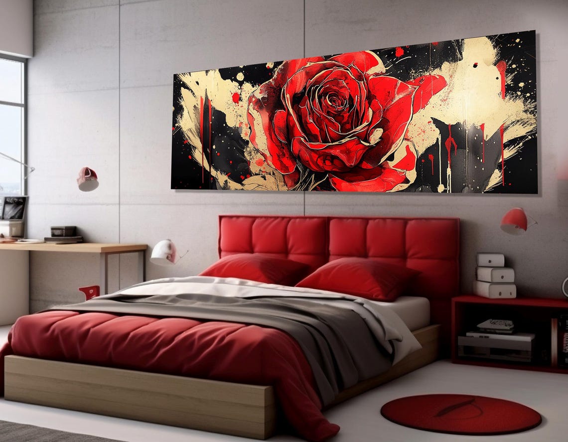 Dramatic Red Rose Black Gold Paint Splash Bold Floral Art Poster - Image 3