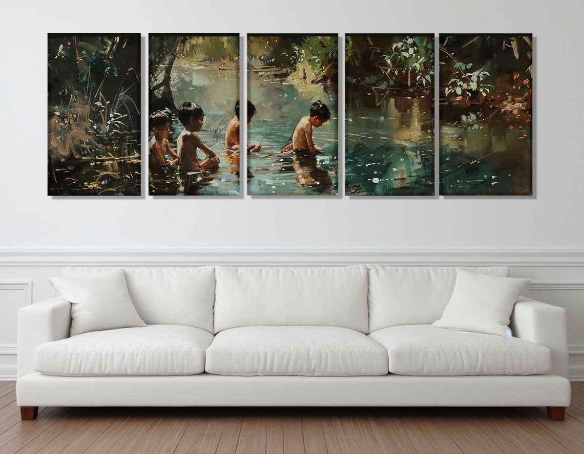 Boys Bathing In River Impressionist Oil Painting Nostalgic Poster - Image 3