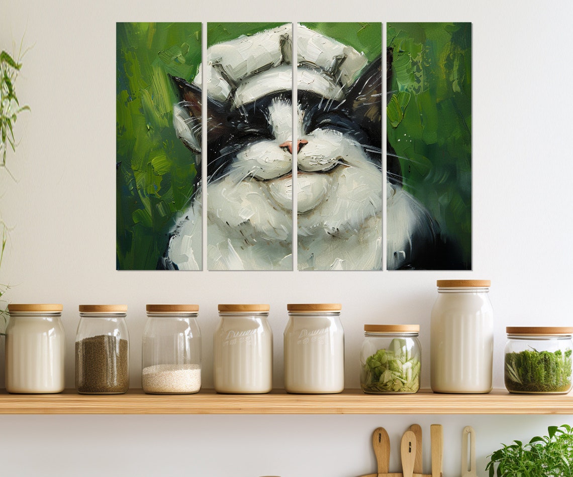 Smiling Tuxedo Cat Chef Hat Oil Painting Green Kitchen Wall Poster - Image 4