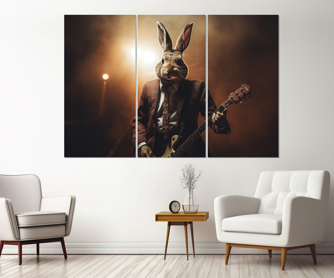 Rabbit Playing Guitar Stage Spotlight Suit Whimsical Musician Art Poster - Image 4