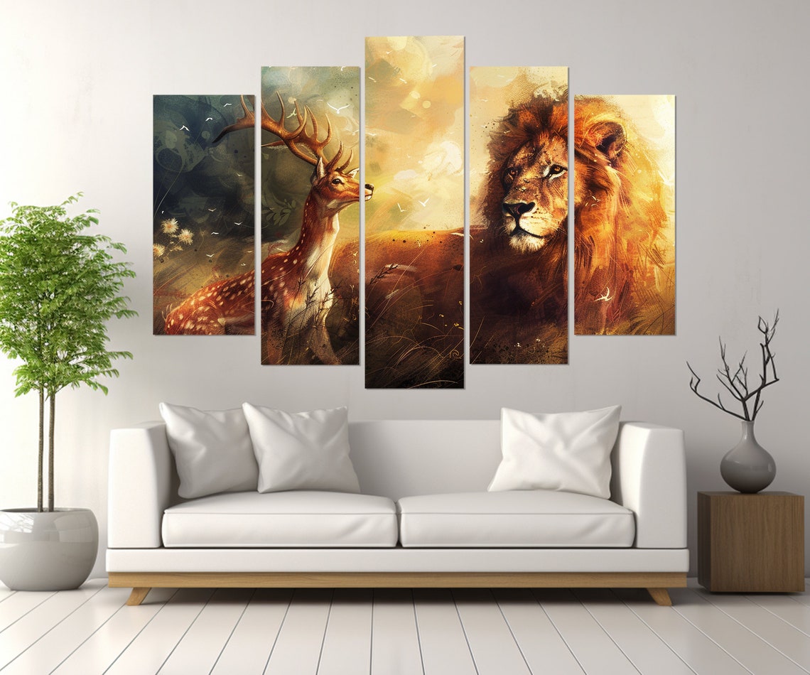 Deer And Lion Friendship Painting Warm Golden Wildlife Wall Poster - Image 4