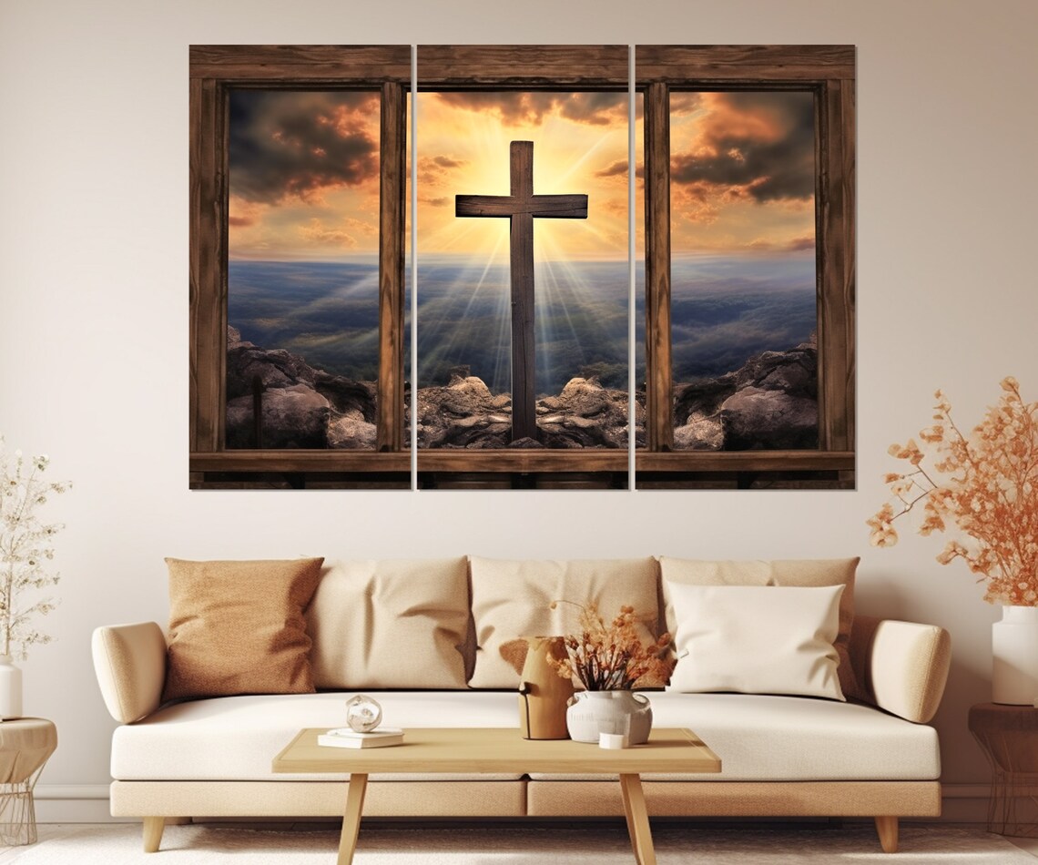 Rustic Window Cross Mountain Sunrise Golden Light Christian Wall Art Print - Image 4