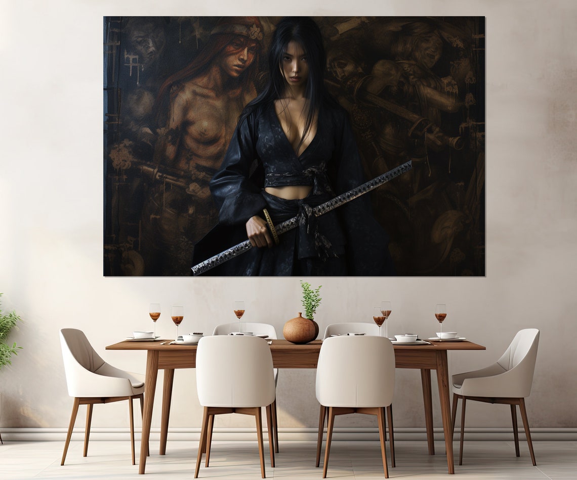 Fierce Samurai Woman In Black Kimono Holding A Katana Poster