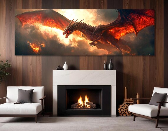 Scenic Dragon Print Large Dragon Poster Dragons Wall Art Fantasy Wall Decor Fantasy Painting Framed And Ready To Hang