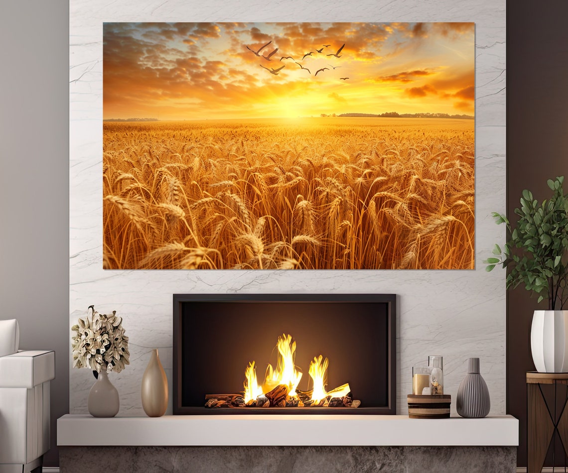 Golden Wheat Field Sunset Birds Farmhouse Harvest Landscape Poster
