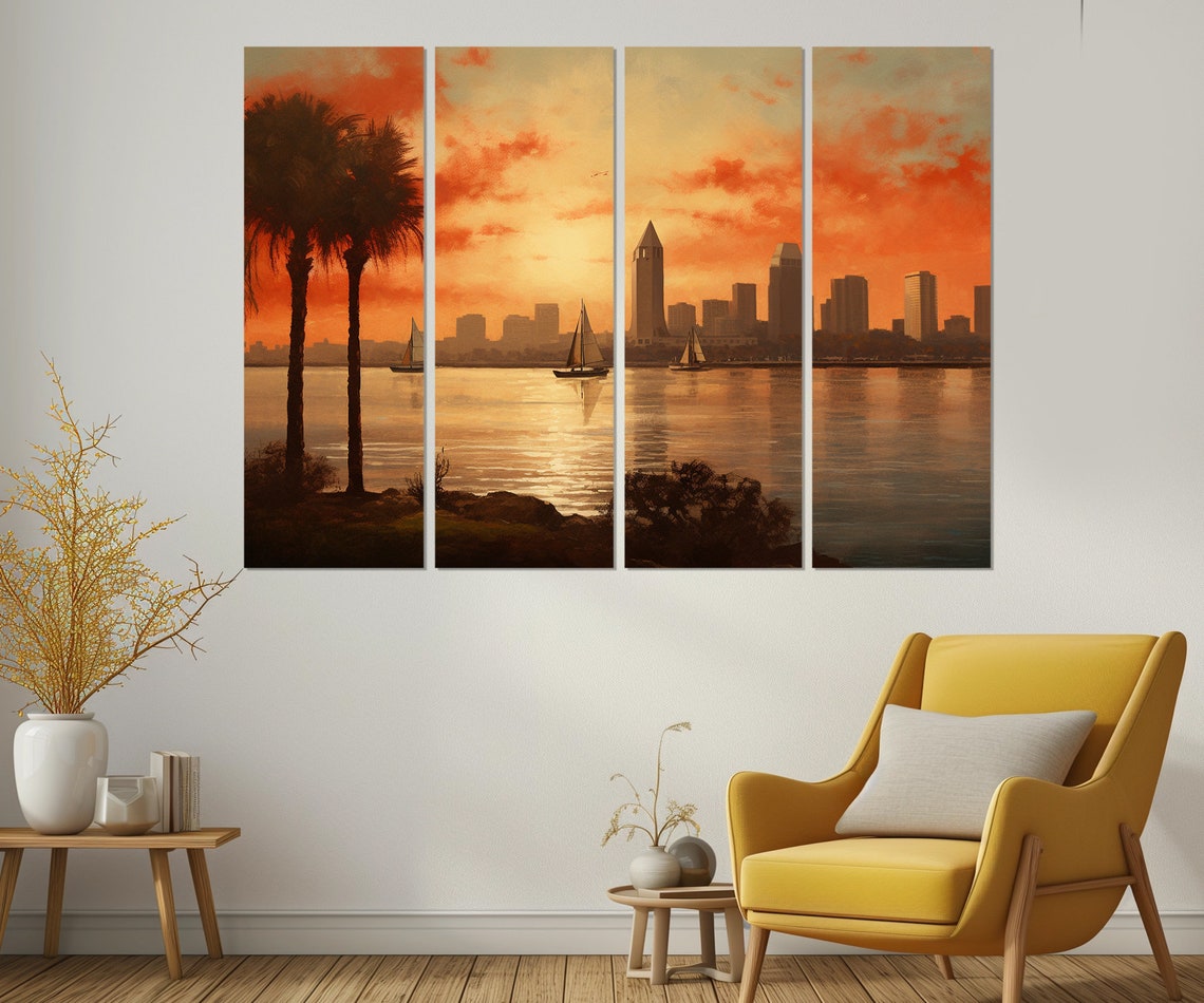 San Diego Skyline Sunset Palm Trees Sailboats Bay View Art Poster - Image 2