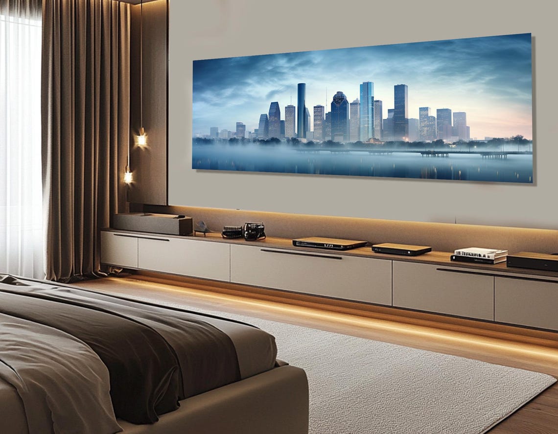 Misty Houston Skyline At Dawn With Calm Water Reflection Poster - Image 2