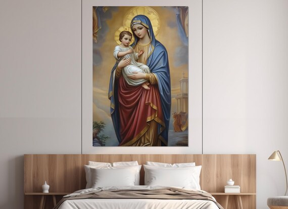 Virgin Mary Holding Baby Jesus Golden Halo Traditional Catholic Painting Poster