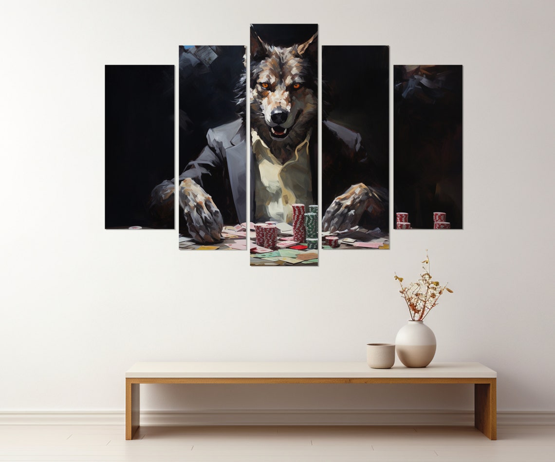 Wolf Playing Poker Suit Casino Table Chips Cards Dark Wall Art Poster - Image 3