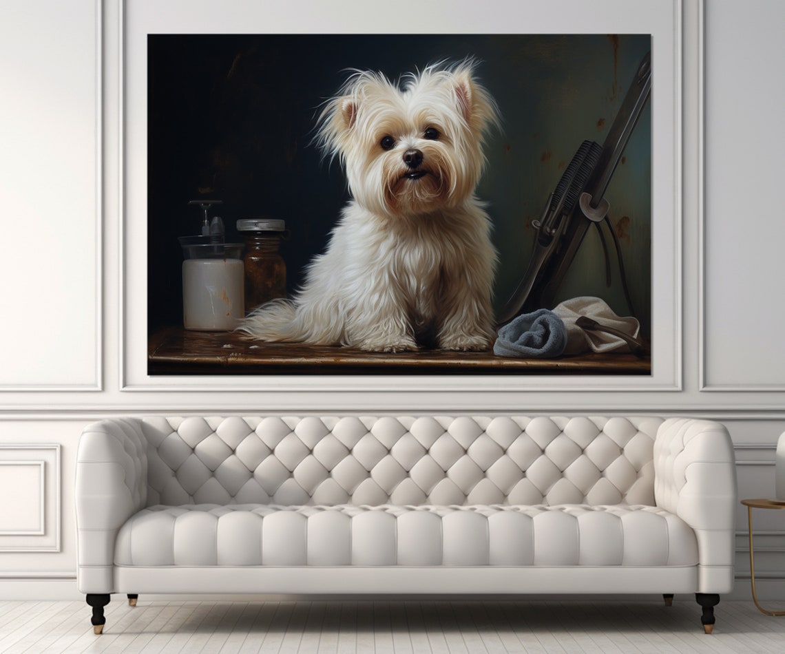 Small White Terrier At Vintage Grooming Station Moody Painting Poster