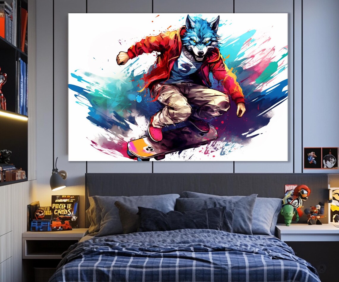Wolf Skateboarder Pop Art Colorful Splash Teen Room Skate Wall Art Print - Image 3