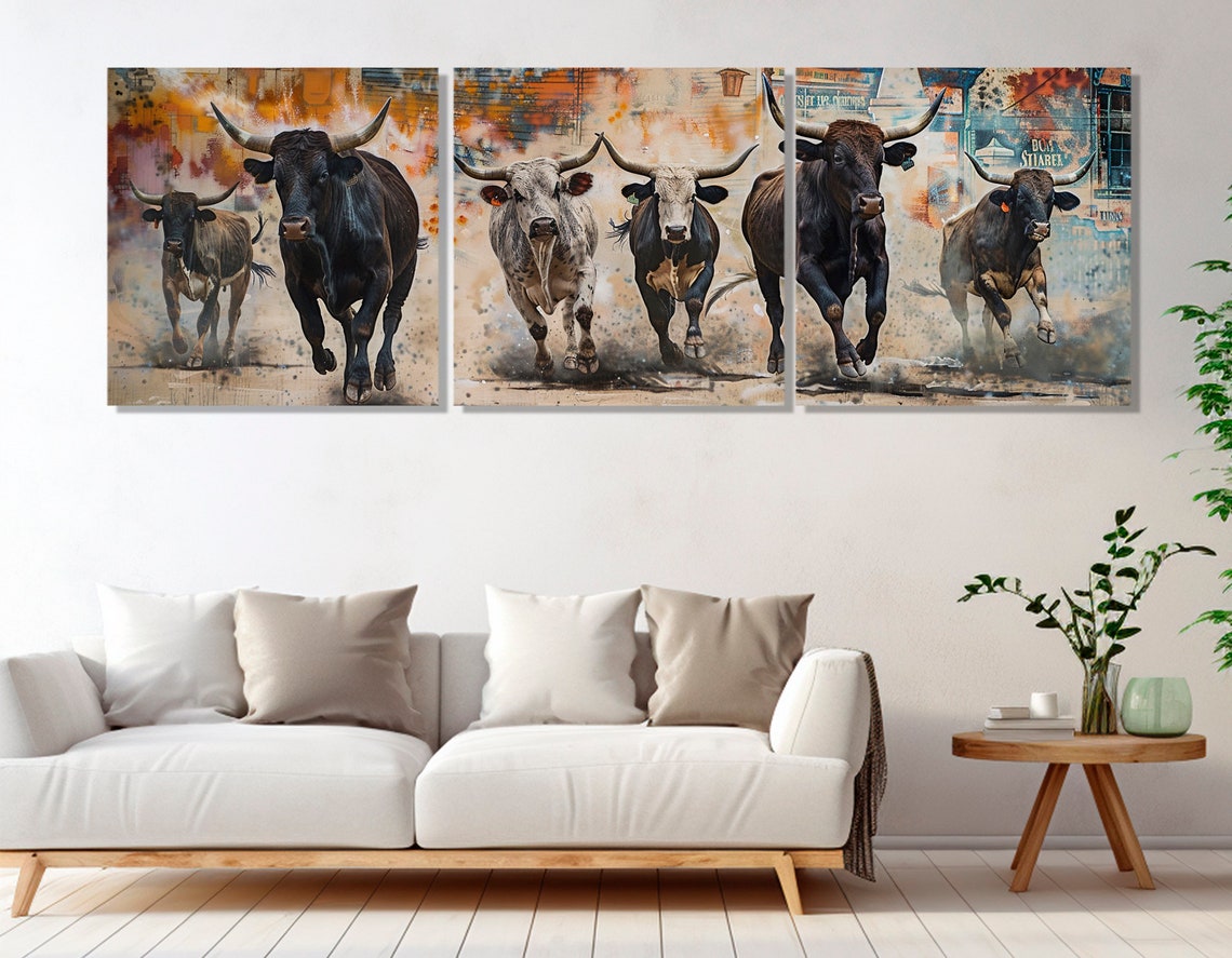 Running Longhorn Bulls Herd Dusty Western Cattle Drive Poster - Image 3