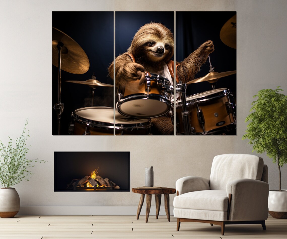 Sloth Drummer Playing Drum Kit On Dark Stage Funny Animal Musician Poster - Image 4