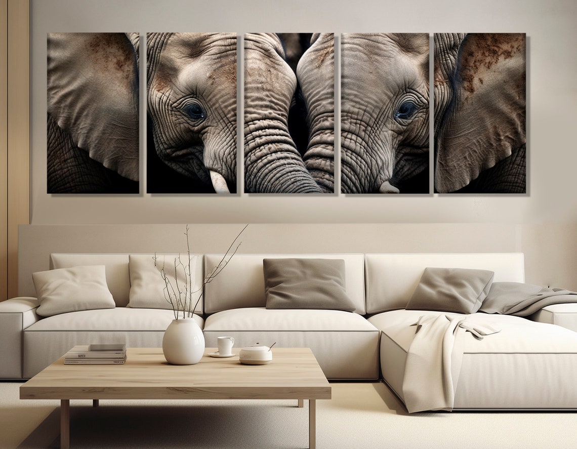 Two Elephants Close Up Trunks Touching Dramatic Black Art Poster - Image 3