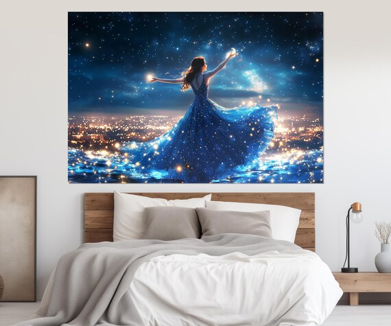 Dancing Fairy Starry Blue Gown Above City Lights Night Fantasy Poster