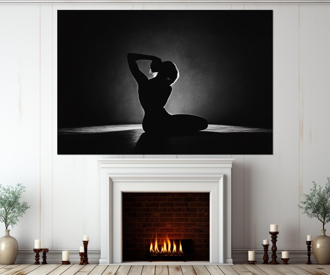 Woman Silhouette Kneeling Black White Dramatic Light Art Poster - Image 2