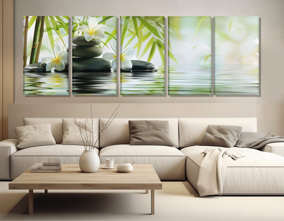 Zen Spa Stones Stacked Cairns Water Bamboo Serene Green Wall Art - Image 3