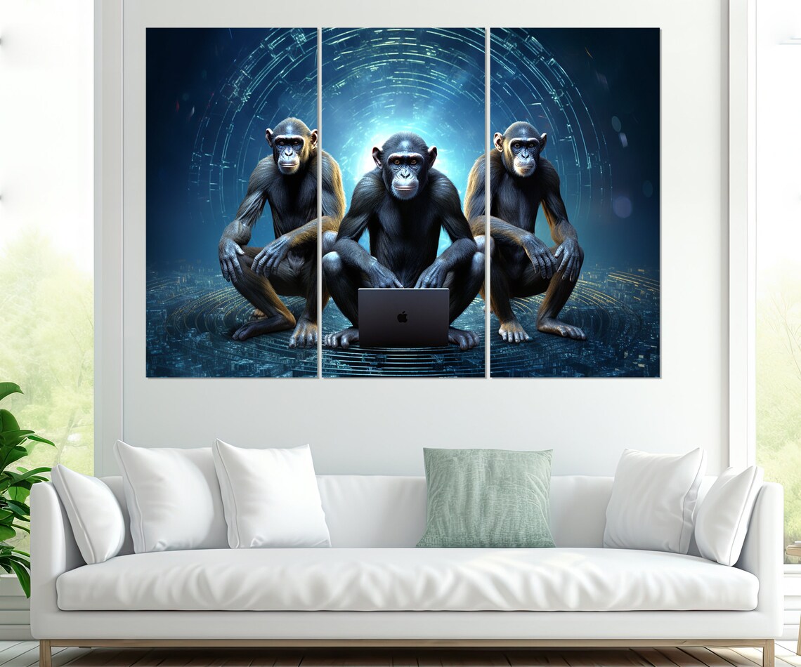 Three Chimpanzees With Laptop Blue Digital Matrix Funny Office Wall Art Print - Image 4