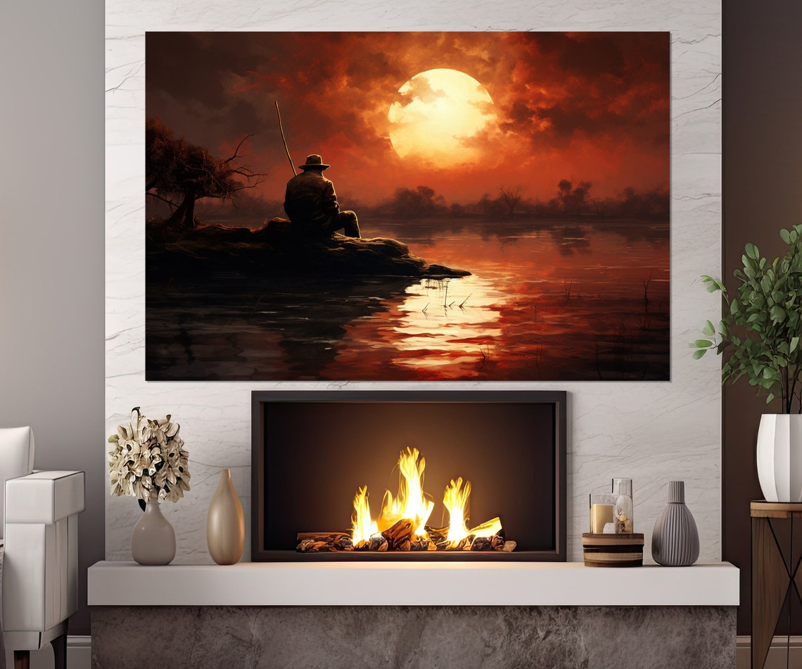 Fishing On Sunset Painting Print Fishing Wall Art Fisherman Gift Fishing Shop Decor Framed And Ready To Hang