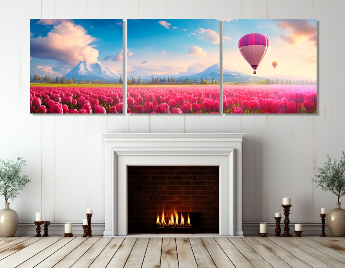 Panoramic Pink Tulip Field With Hot Air Balloons And Mountains Poster - Image 4