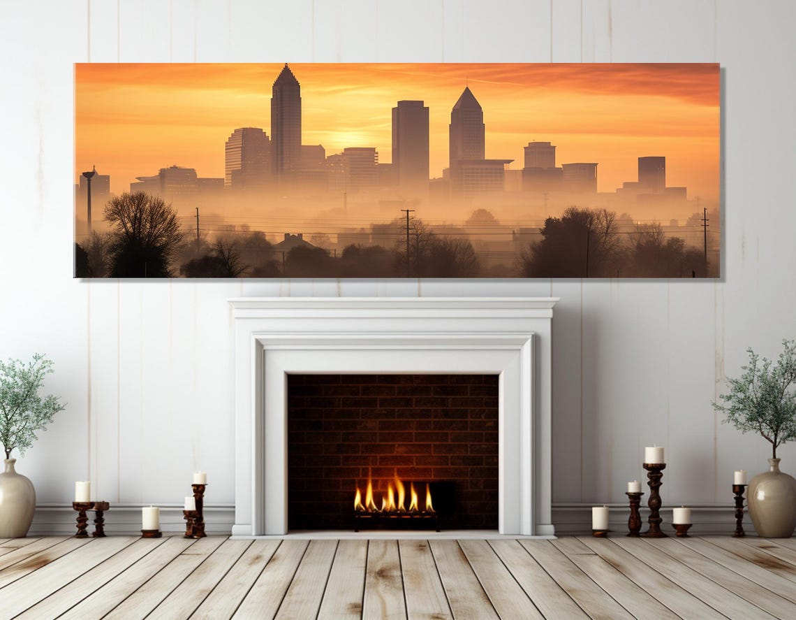 Misty Indianapolis Sunrise Skyline In Golden Haze With Trees Poster - Image 2