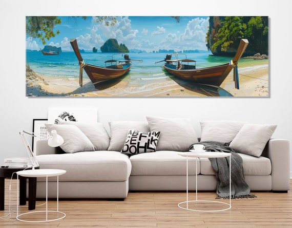 Boats On Beautiful Beach Painting Print Large Beach Wall Art Panoramic Beach Tropical Island Poster Framed And Ready To Hang