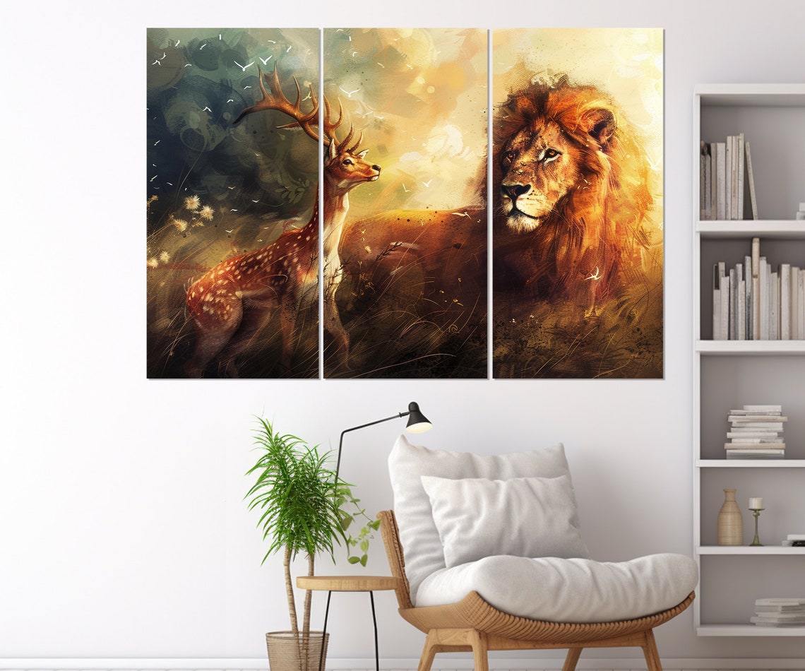 Deer And Lion Friendship Painting Warm Golden Wildlife Wall Poster - Image 3