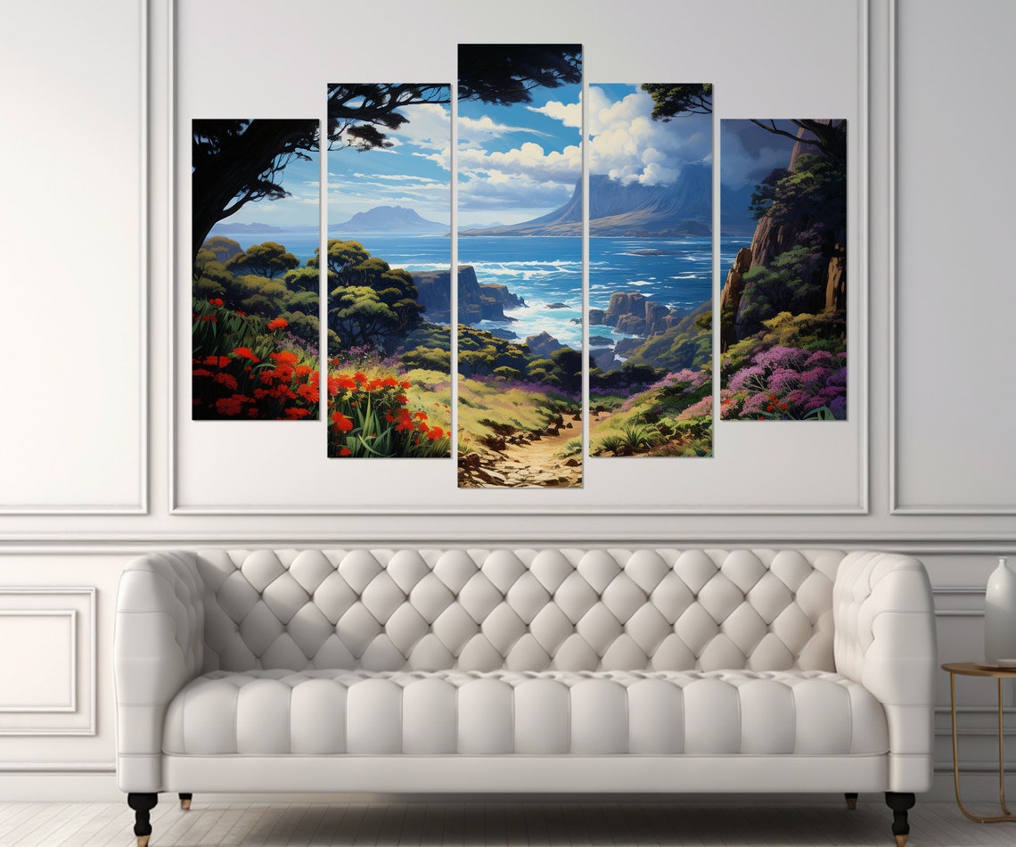 Tropical Volcanic Island Coastal Path Red Flowers Ocean Travel Poster - Image 2