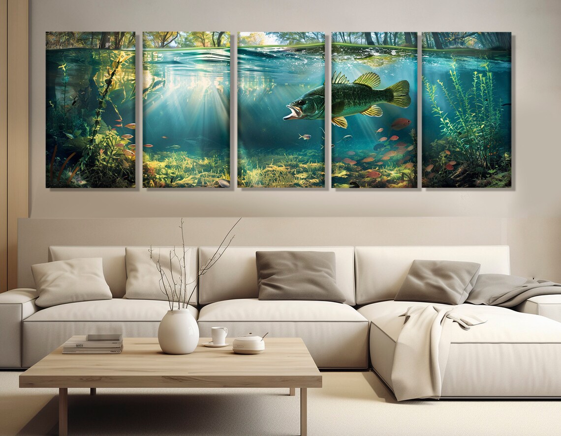 Largemouth Bass Underwater Sunbeams Lake Fishing Scene Poster - Image 3