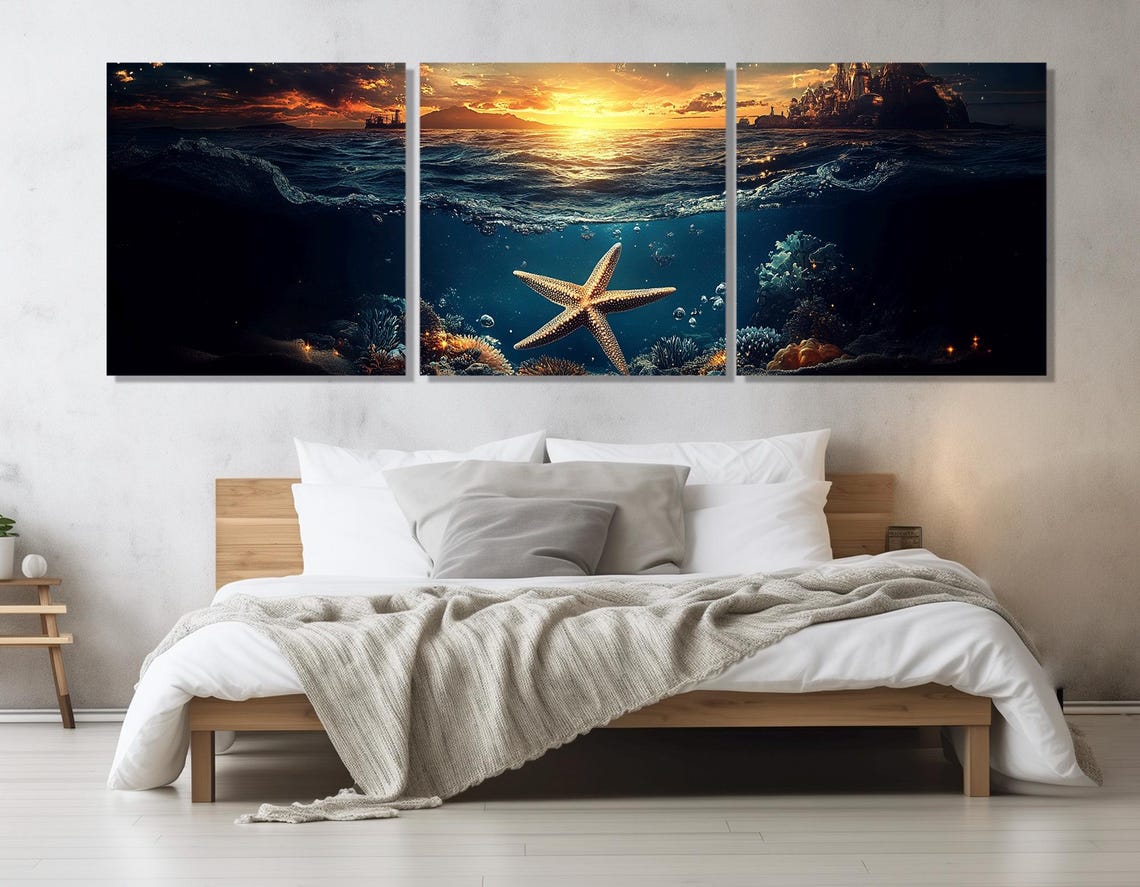 Starfish Coral Reef Underwater Sunset Ocean Split View Travel Poster - Image 4