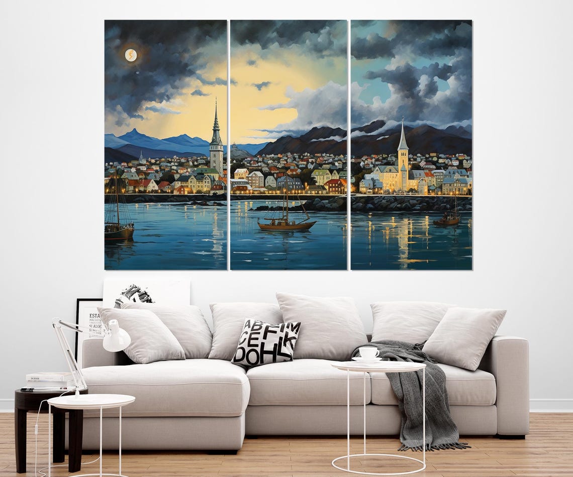 Reykjavik Iceland Harbor Night Moonlit Skyline Painting Travel Poster - Image 4