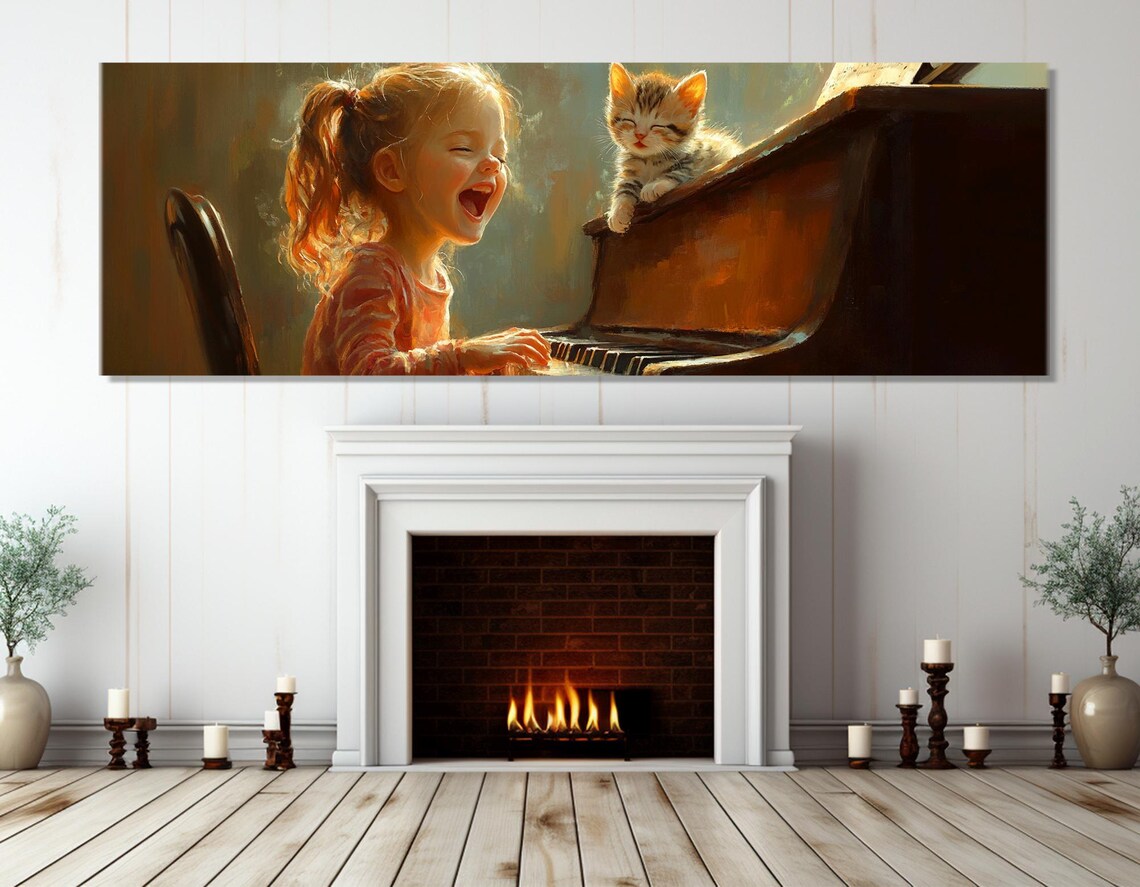 Laughing Little Girl Playing Piano With Kitten Warm Nostalgic Art Poster - Image 4